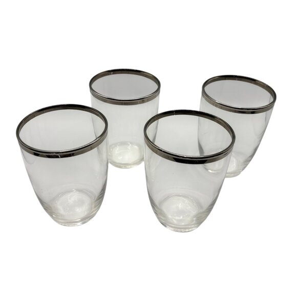 Set Of 4 Vintage MCM Clear Glass Tumblers With Silver Rim 3" Wide - Picture 1 of 6